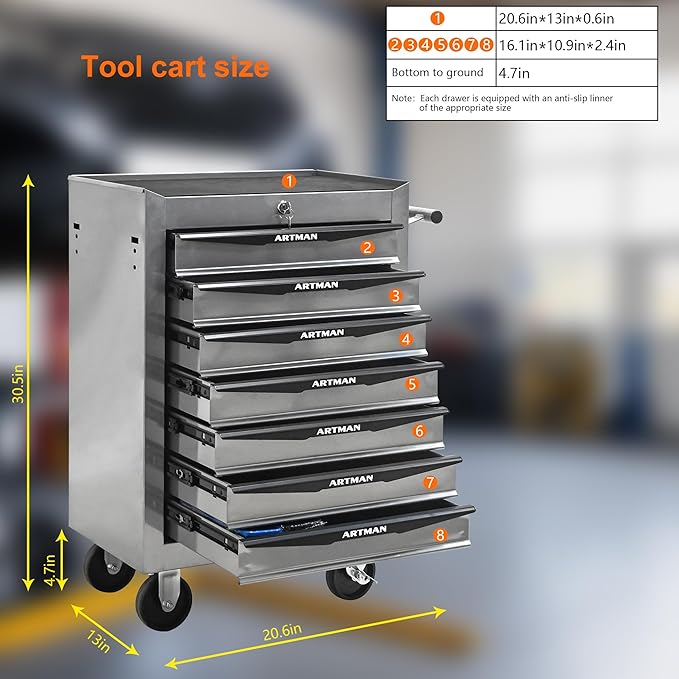 RYH 4-7 Drawers Rolling Tool Chest & Tool Box on Wheels | Heavy Duty Metal Cart with Ball Bearing Drawers | Fits US General Tool Box for Garage Storage (Silver, 7 Drawers£¨30.5 H ¡¿ 20.9 W ¡¿ 13 D)
