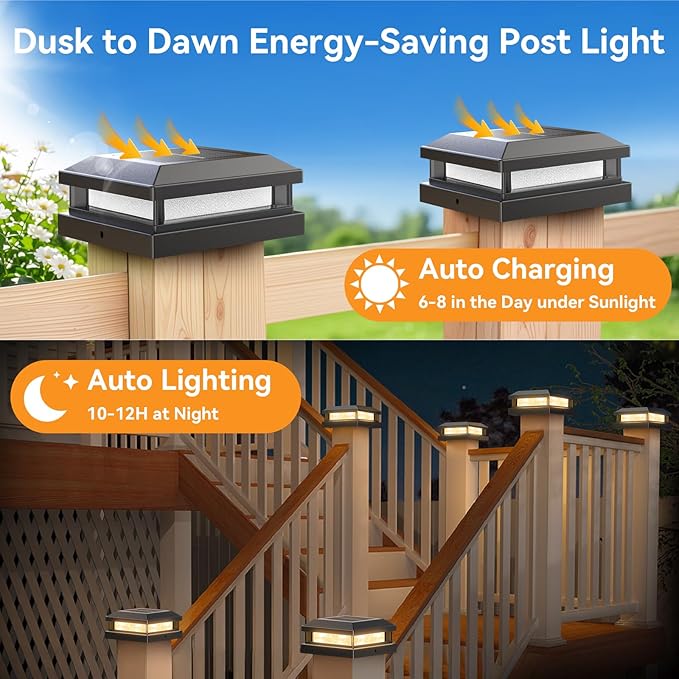Brightever 4x4 Solar Light Outdoor 4 Packs, Waterproof Solar Powered Post Cap Light for 5x5 Vinyl/Wooden Post with Warm/Cool Lighting, Black 16LEDs Deck Cap Lights for Outside, Garden, Patio, Porch