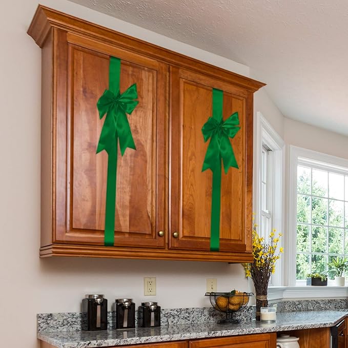 BBTO 6 Pcs Christmas Cabinet Door Green Ribbons 8x40 Inches Festive Large Bow Christmas Wreath Tree Bow Festival Wrapping Decorations for Home Fireplace Door Chair Holiday Party Supplies
