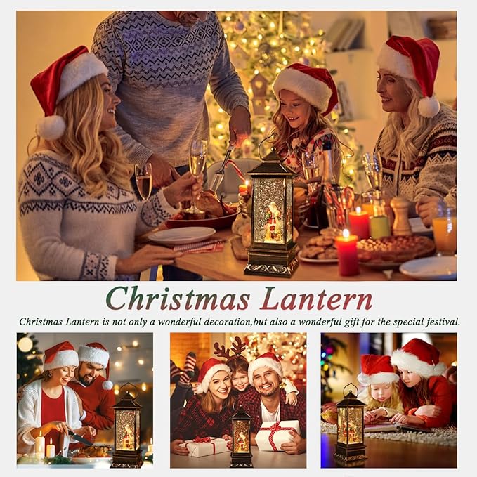 Musical Rotating Christmas Snow Globe Lantern with Santa Claus - Lighted Sparkling Water Lantern with 8 Festive Songs & Timer, Indoor Christmas Decorations for Home/Party
