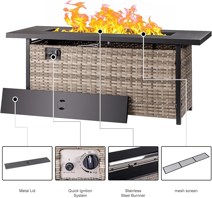 57 inch Propane fire Pit Table with Waterproof Cover & Ratten Side Panel, 50000 BTU Gas Firepit Table with Lid & Lava Rock, Outdoor Fire Pit for Dining or Party, Firepit for Outside, Patio