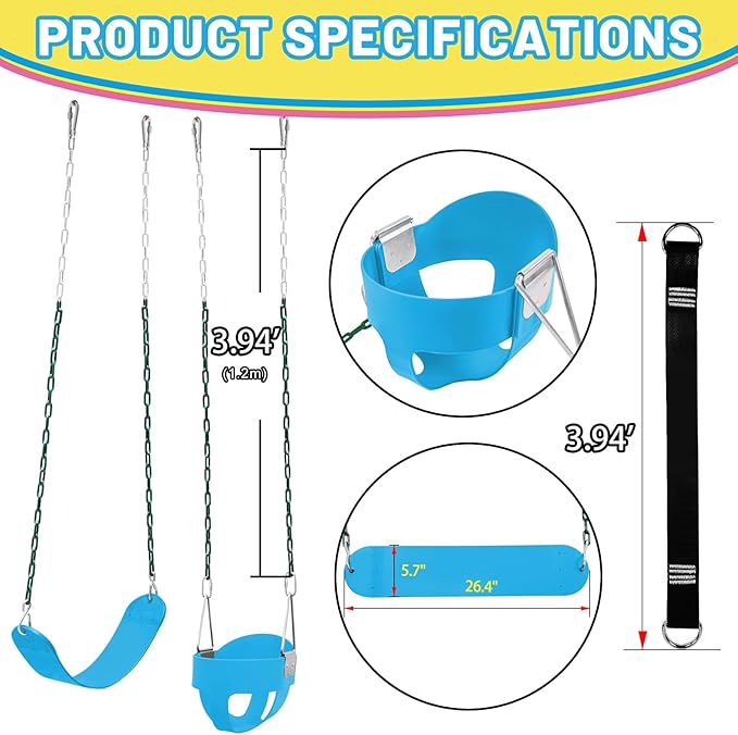 Toddler Swing Set for Outside - High Back Full Bucket Seat with 4 Hanging Straps and Hooks for Kids, Infants, Baby - Outdoor Tree Swing
