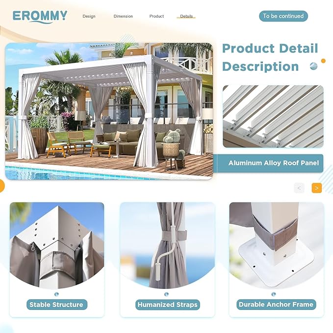 EROMMY Louvered Pergola 10' x 10' Outdoor Hard Top Pergola with Aluminum Frame and Adjustable Metal Rainproof Roof for Garden & Patio, Curtains and Netting Included, White