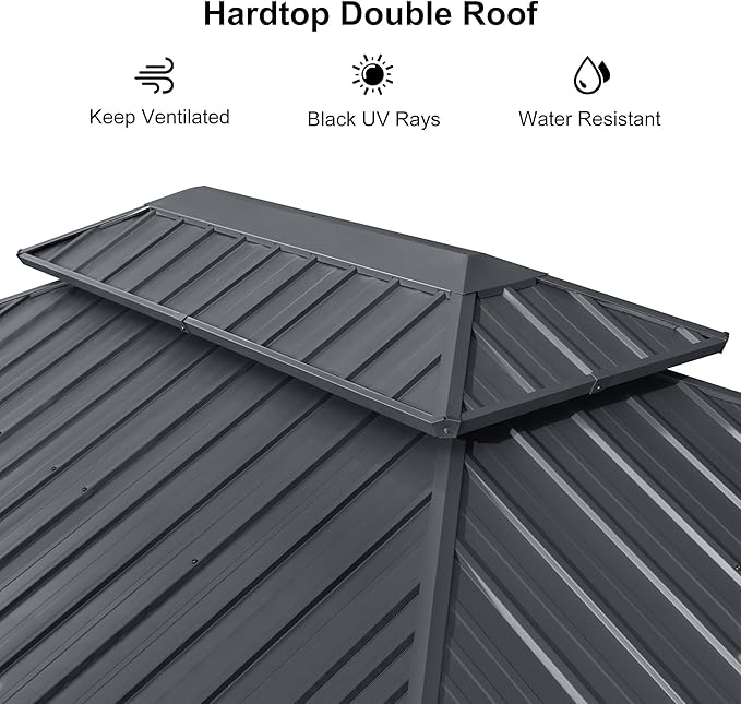 PURPLE LEAF 12'x14' Hardtop Gazebo with Lights Double Roof on Galvanized Steel Frame Outdoor Pavilion Including Netting and Curtains for Patio Garden Deck Grey