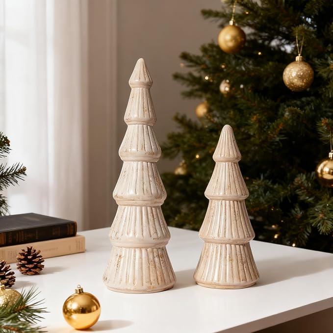 WONDROUS' DECO Wooden Christmas Tree Figurine, Tabletop Pink and Gold Tree Figurine, Set of 2 Desk Centerpieces for Christmas Decor