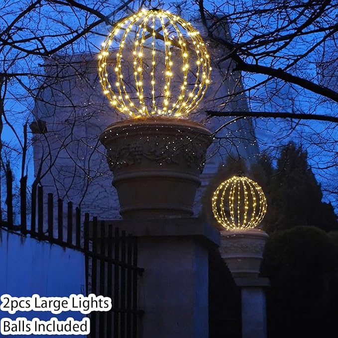 16" Large Outdoor Hanging Lighted Sphere, Christmas Decoration Light Balls, 2 in 1 Warm White and Multicolor Chandelier, 208 LED Iron Frame Foldable Globe for Patio Tree Gazebo Decor (2PK Plug in)