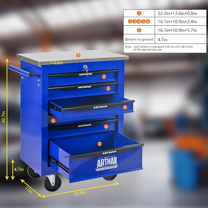 RYH 4/5/6/7 Drawers Rolling Tool Chest -Heavy Duty Mobile Metal Tool Box with Locking Wheels, with Stainless Steel Worktop, Garage Tool Storage Cabinet (Blue, 6-Drawers 30.7 H¡¿22.2 W)