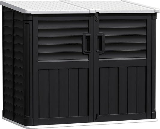 Greesum Outdoor Storage Shed 34 Cu Ft with Lockable Doors, Waterproof Outdoor Storage Cabinet for Trash Cans, Patio Cushions, Gardening Tools with Wood Grain Finish (Black)
