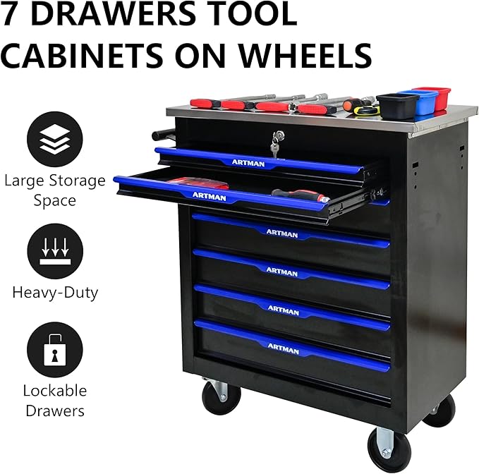 RYH 4/5/6/7 Drawers Rolling Tool Chest -Heavy Duty Mobile Metal Tool Box with Locking Wheels, with Stainless Steel Worktop, Garage Tool Storage Cabinet (Black-Blue, 7-Drawers 30.7 H¡¿25.9 W)