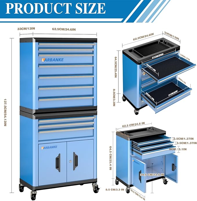 10 Drawer Rolling Tool Chest with Locks& Multifunctional CounterTop,2 Different Types Tool Chest with Swivel Casters,Tool Cabinet with Connection Rods,Can Be Used Individually or In Combination