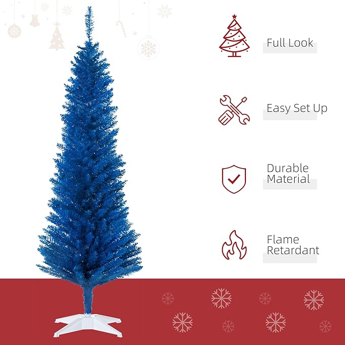 HOMCOM 5' Artificial Pencil Christmas Tree, Slim Xmas Tree with 294 Realistic Branch Tips and Plastic Stand, Blue
