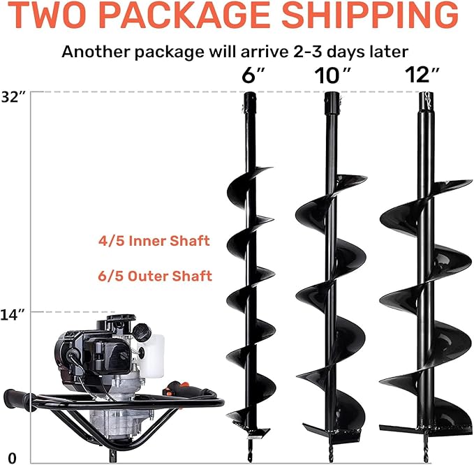 DC HOUSE 52cc 1800W Gas Powered Earth Auger EPA Certified Post Hole Digger, with 3 Drill Bits 6 10 12 and 3 Extension Rods 8 12 20, Mixing Ratio 30:1, for Fence, Farmland and Garden