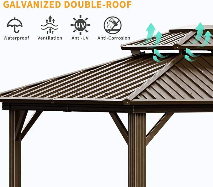 HOTEEL 10x12 Hardtop Gazebo with Heavy Duty Galvanized Steel Double Roof, Aluminum Frame, Flame-Resistant Curtains and Netting, Outdoor Permanent Pavillon for Backyard, Brown (2025 Upgraded)