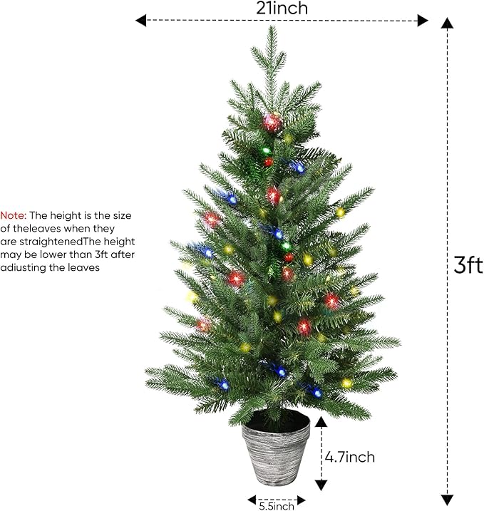 3FT Pre-Lit Christmas Tree, 2-Packs PE Branchs Xmas Tree with Color LED Lights, 8 Modes with 60 Led Lights，Artificial Christmas Trees for Holiday Decoration