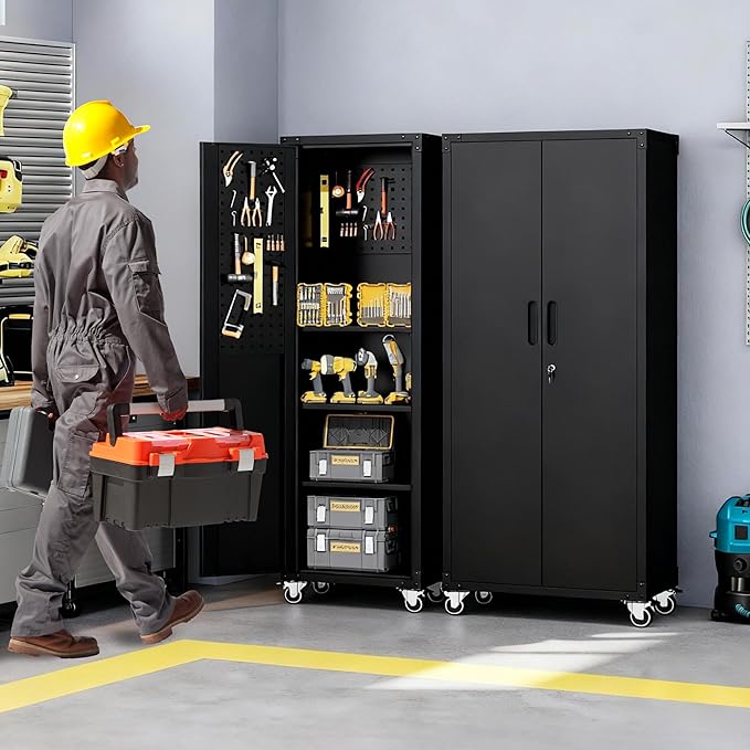 Rolling Tool Cabinet with Pegboard, 71 Tool Cabinets with 4 Adjustable Shelves for Garage, Tool Room, Assembly Required(Black)