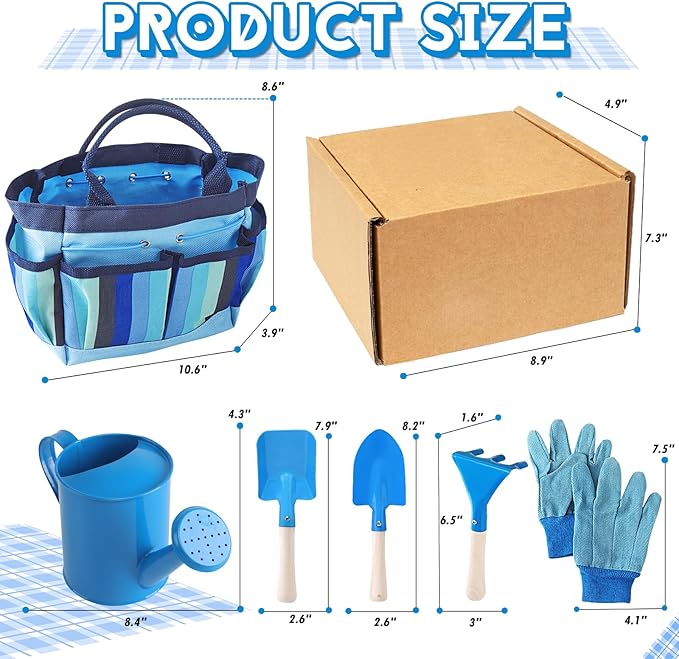 Kids Gardening Tools Set, Toddler Play Kit Child Outdoor Toy with Gloves, Watering Can, Metal Shovel, Rake, Spade & Storage Bag, Backyard Sand Digging Birthday for Boys Girls 3 4 5 (Blue)