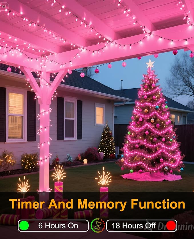 Pink Christmas Lights Outdoor, 80FT 240 LED Christmas Tree Lights Waterproof Plug in, 8 Modes Connectable Christmas Decorations Green Wire for Indoor Bedroom Tree House Holiday