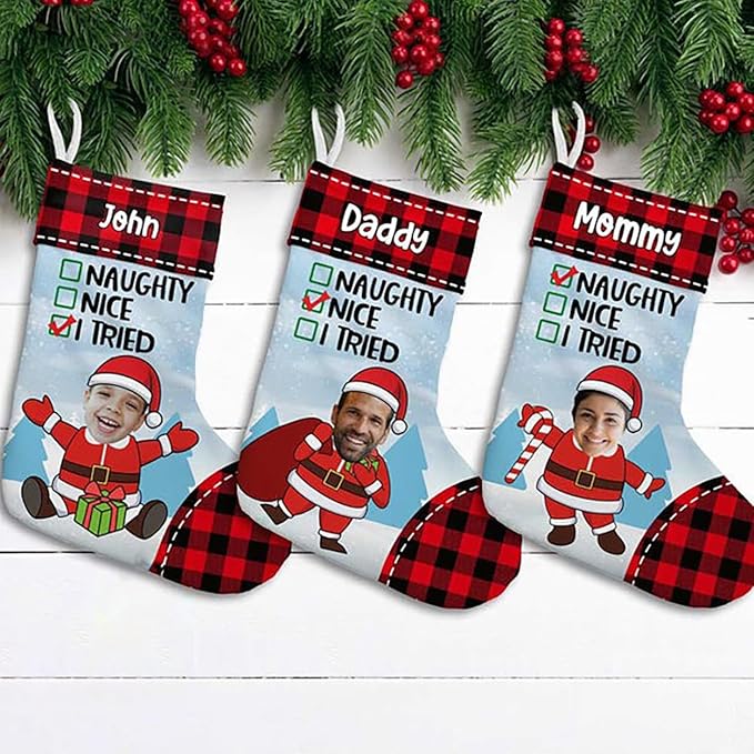 LOVELYPOD Christmas Stockings Personalized with Name, 19" Christmas Stocking Photo Nice Naughty I Tried Family Friends Stocking 2023, Xmas Stocking Holiday Christmas Decoration Gifts for Family Kids