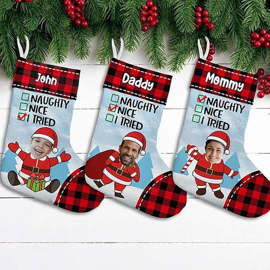 LOVELYPOD Christmas Stockings Personalized with Name, 19" Christmas Stocking Photo Nice Naughty I Tried Family Friends Stocking 2023, Xmas Stocking Holiday Christmas Decoration Gifts for Family Kids