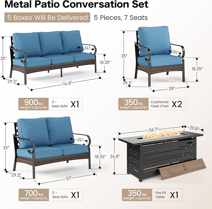 5 Piece Metal Outdoor Patio Furniture Sets with Firepit Table, Patio Conversation Sets 1 3-Seater Sofa, 1 Loveseat, 2 Single Sofa with 5.75" Cushion for Backyard Deck, Denim Blue