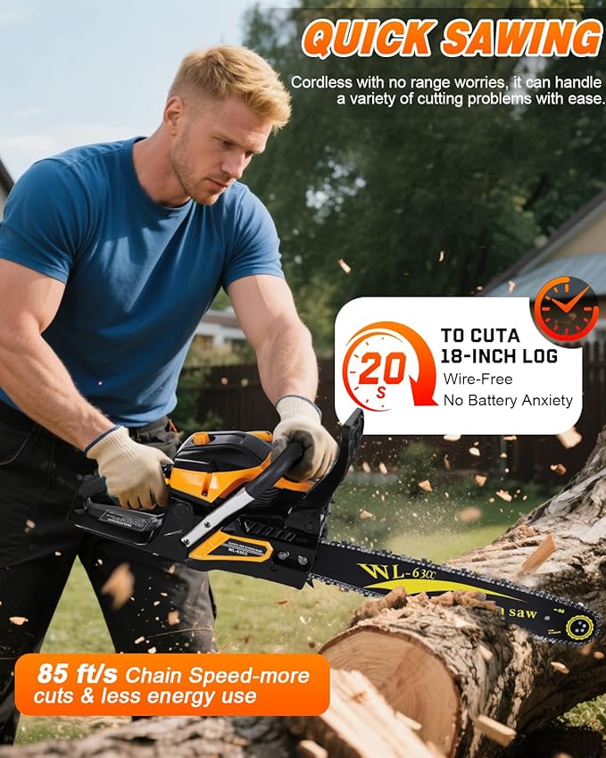 63CC Gas Powered Chainsaw 20 Inch, 2-Cycle Engine with 2 Chains & Bars, Heavy Duty Gas Chain Saw for Tree Felling, Logging, and Firewood Cutting (WTH985)