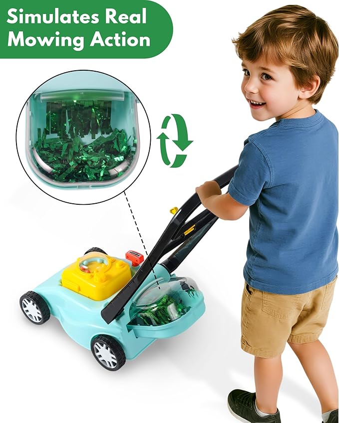 Kids Lawn Mower with Realistic Grass-Cutting Action and Sounds – No Batteries Required | Fun Outdoor Push Toy, Birthday Gift & Holiday Present for 3, 4, 5, 6, 7, 8 Year Old Boys and Girls (Blue)