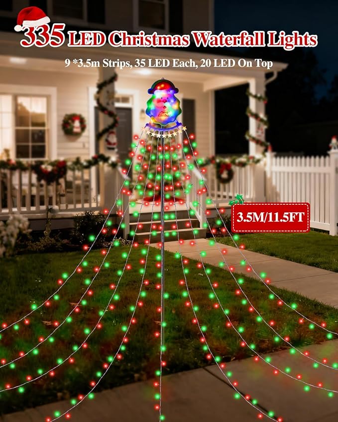 Christmas Decorations Outdoor String Lights - 335 LED 11.48ft 9 Strands Waterfall Tree Lights with Topper, 8 Lighting Modes Christmas Lights Indoor Decorative for Wedding Yard Party Home