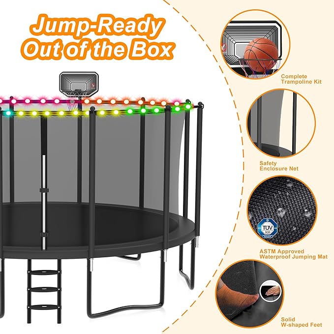 DeepRoar 2026 Upgraded 8FT 10FT 12FT 14FT 15FT 16FT Outdoor Tranpoline for Kids, Big tranpoline with Basketball Hoop, Lights, Sprinkler & Socks, Heavy Duty tranpoline 1500LB, ASTM Approved Tranpoing