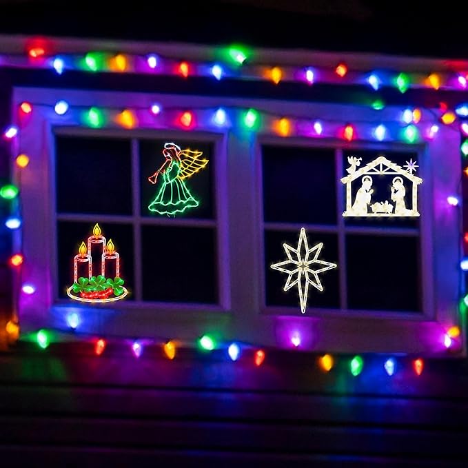 16" Christmas Window Silhouette Lights Decorations - 4 Pack Colour Lighted Angel ＆ Nativity ＆ Candle ＆ Bethlehem Star for Holiday Wall Door Window Decorate