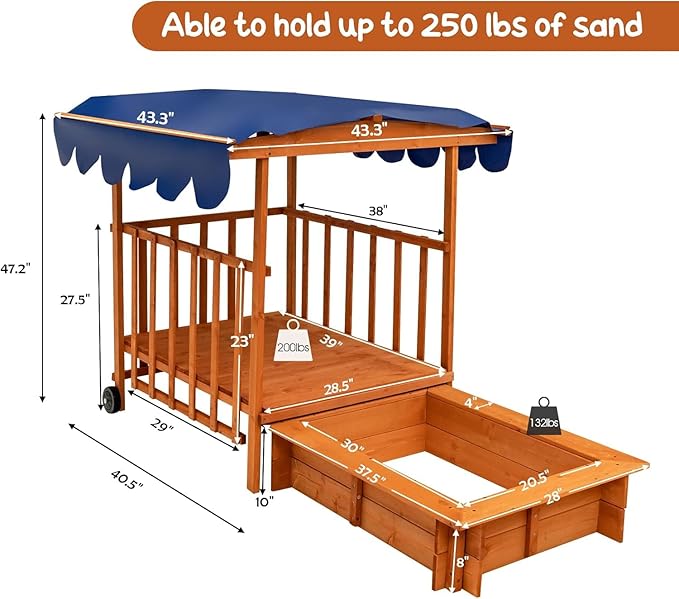Costzon Kids Retractable Sandbox with Canopy, Wooden Cedar Cabana Playhouse w/Large Play Area, Rear Wheels and Guardrails for Backyard Garden Lawn Beach, Sandbox with Lid for Children Outdoor Play