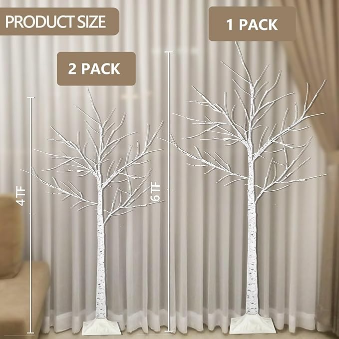 6FT, 5FT and 4FT, Set of 3 Pack Christmas Lighted Birch Tree, Higher Size & Timer Function, 300 LED Twinkling Twig Birch Christmas Tree with Warm White Lights for Indoor Outdoor Christmas Decorations