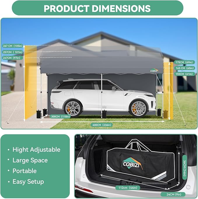 COBIZI 10x20 Pop Up Canopy with One Button Push Center Lock,Ez Up Portable Carport with 2 sidewalls,Waterproof UV50+ Outdoor Party Commercial Carport Canopy Gazebos with Carry Bag(10 x 20 ft Gray)