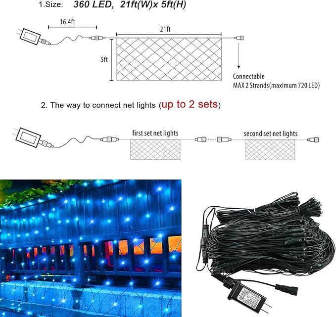 360LED Net Lights, 21ft x 5ft Connectable Christmas Mesh Lights with Timer & 8 Lighting Modes, Waterproof Outdoor Bush String Light for Halloween Xmas Tree Holiday Party Garden Hedge Patio - Blue