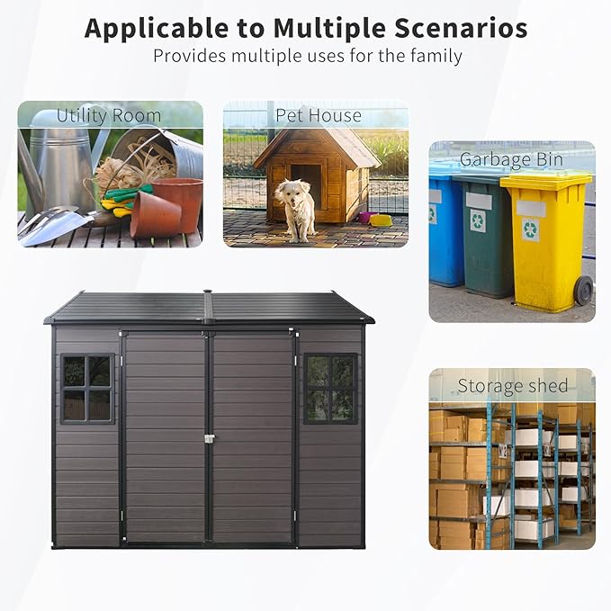 8x6 FT Resin Storage Sheds Outdoor with Floor, 2 Windows & Lockable Door Storage Shed - Waterproof Garden Tool Shed, Patio & Backyard Tool Storage Cabinet Use - Brown