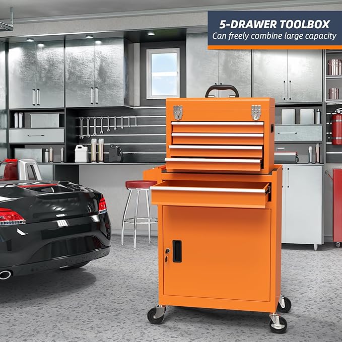 5-Drawer High Capacity Rolling Tool Box, Removable Cabinet Storage Tool Chest with Wheels and Drawers, Detachable Toolbox with Lock for Mechanics Garage Workshop and Tool Room (Orange)
