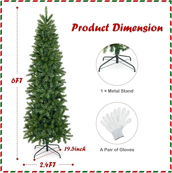 GOFLAME 6ft Pre-lit Pencil Christmas Tree, Artificial Christmas Tree with 270 LED Lights, 10 Light Modes, 648 Branch Tips, Metal Stand, Hinged Xmas Tree for Holiday Festival Decor
