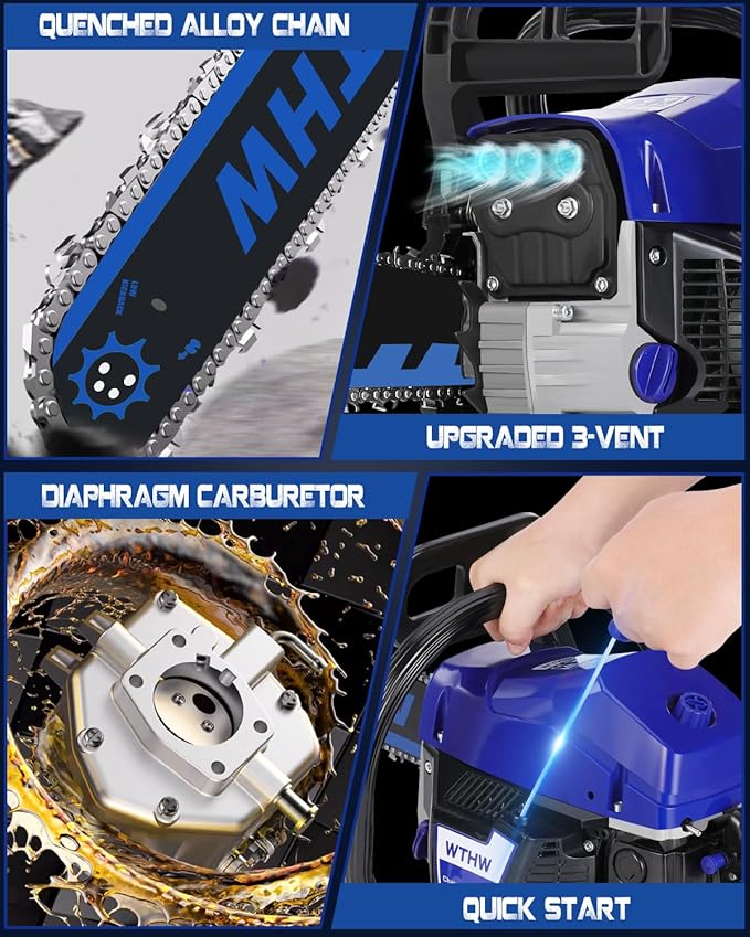 58 cc Gas Powered Chainsaw, 20 in & 18 in Quick-Switch Bars – 550 ml Fuel 260 ml Oil Tanks, Automatic Chain Oiler, Centrifugal Air Filter, Quick Start, Inertial Chain Brake (WH5806)