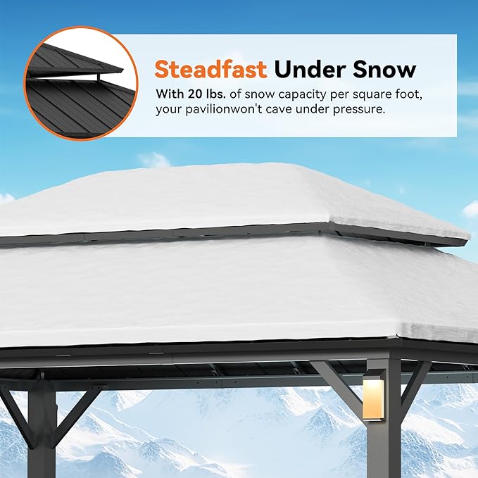 Modern Shade The Horizon Hardtop Gazebo 12' x 16' with 4 LED Lights, Permanent Outdoor Gazebo with Galvanized Steel Double Roof, Grill Pavilion with Decor Hooks, Mosquito Nettings, Black