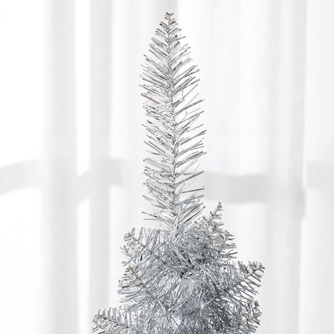 HOMCOM 5' Artificial Pencil Christmas Tree, Slim Xmas Tree with 294 Realistic Branch Tips and Plastic Stand, Silver
