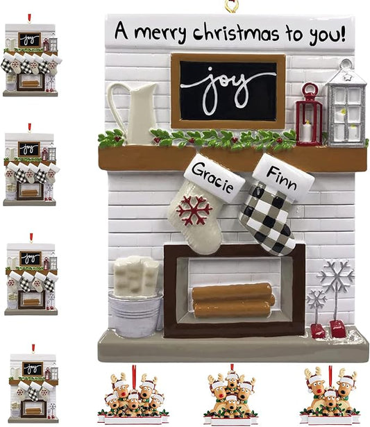 Personalized Christmas Ornaments 2025 Fireplace Mantle Family of 2/3/4/5/6 Custom Joy Family Members' Name for Xmas Tree Decorations Customized New Year Keepsake Ornament（2 Name）