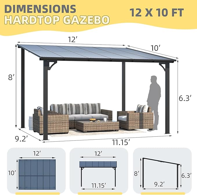 U-MAX 10' x 12' Outdoor Pergola Gazebo, Wall-Mounted Lean to Metal Awnings Gazebos on Clearance for Patio, Large Panel Roof Pergolas and Gazebo for Outdoor Use