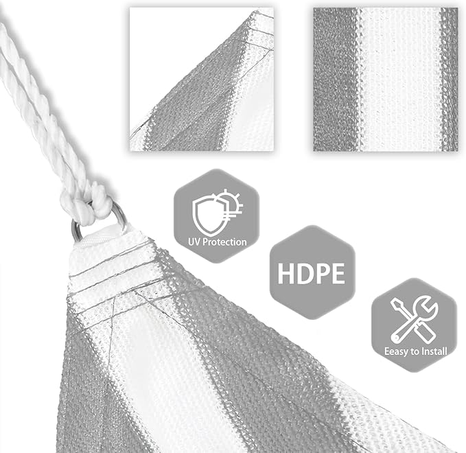 Patio Paradise 6' x 6' x 6' Sun Shade Sail Triangle Canopy Shade Cloth Fabric Sunlight Block Patio Pergola Cover HDPE Deck Awning for Outdoor Backyard Roof Shading, Gray White Strip