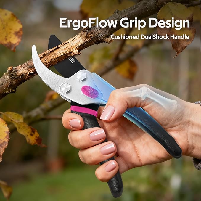 Bypass Pruning Shears for Gardening, 8.5" Professional Hand Pruners, Garden Clippers Heavy Duty Pruning Scissors for Trimming Plant Flower Branch, 【SK5 Steel Blade】【Ergonomic】【Built-in Spring】