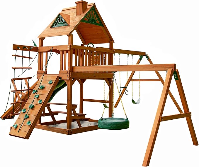 Gorilla Playsets 01-0004-AP Frontier Wood Swing Set with Wood Roof, Tire Swing, Two Belt Swings, Picnic Table, Sandbox, Rock Climbing Wall, Amber