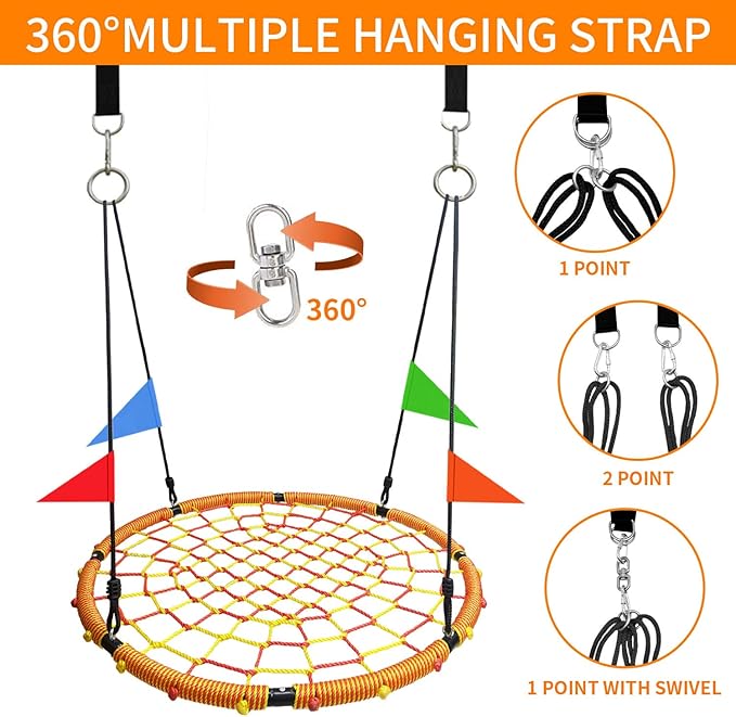 43 Spider Web Swing,Tree Swing for Kids Outdoor,Outdoor Large Web Swings£¬900Lb Weight Capacity, with 71 Detachable Nylon Rope Swivel£¬for Backyard, Playground (Red-Yellow) (43in)