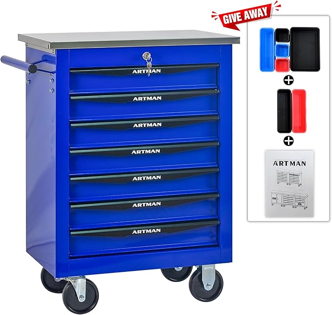 RYH 4/5/6/7 Drawers Rolling Tool Chest -Heavy Duty Mobile Metal Tool Box with Locking Wheels, with Stainless Steel Worktop, Garage Tool Storage Cabinet (Blue, 7-Drawers 30.7 H¡¿22.2 W)