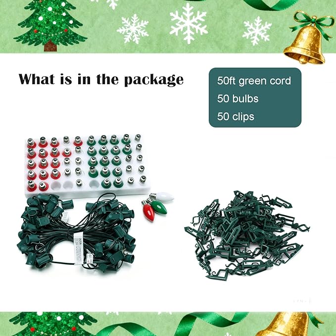 C9 LED Outdoor Christmas Lights,C9 String Lights with Quick Clips,for Xmas House Roof Gutter,Plug in & Connectable,50FT 50 Light,Red Green White