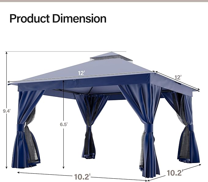LAUSAINT HOME Semi-Permanent Outdoor Patio Gazebo 12'x12' with Expansion Bolts, Heavy Duty Party Shelter with Double Roofs, Mosquito Nettings and Sidewalls for Backyard, Garden, Lawn, Navy Blue