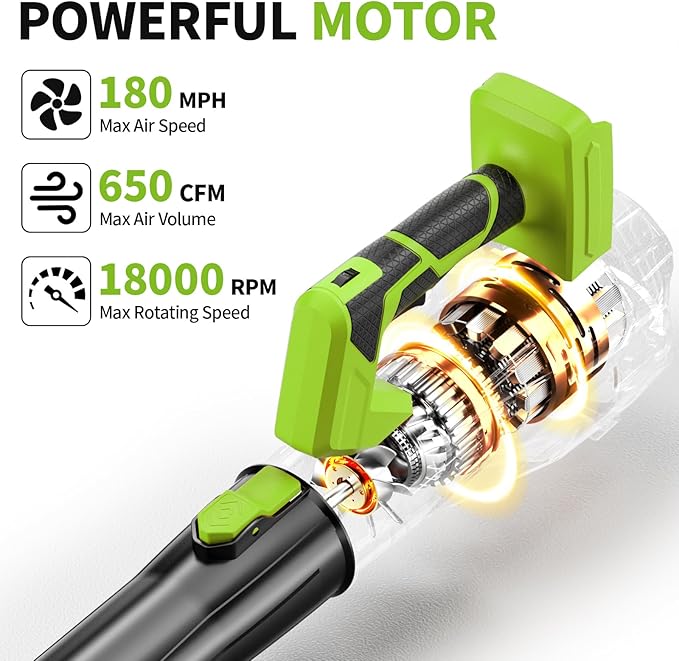 Cordless Leaf Blower 650CFM/180MPH, 21V Electric Leaf Blower with 3 Tubes & 2 x 4.0Ah Batteries, 6 Speed Modes, Battery Powered Leaf Blowers for Cleaning Patio, Yard, Garage, Lawn (Green)
