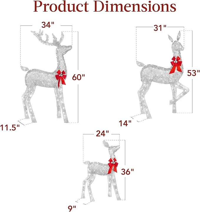 Best Choice Products 3-Piece Large Lighted Christmas Deer Family Set 5Ft Outdoor Yard Decoration with 360 LED Lights, Stakes, Zip Ties - Silver